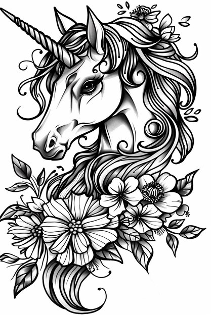 A cartoonstyle unicorn with flowers in black and white