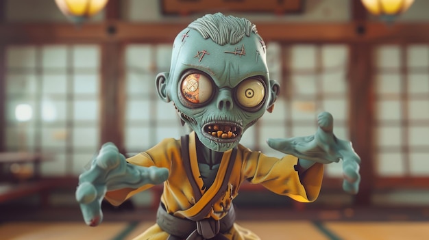 Зомби в стиле мультфильма практикует боевые искусства в доджо, демонстрируя сосредоточенность и дисциплину.