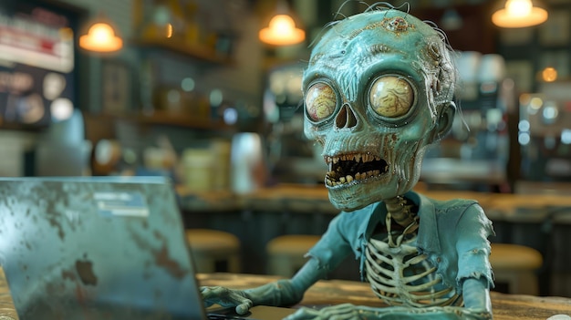 Cartoonstyle zombie working on a laptop in a coffee shop 3D rendered in 8K