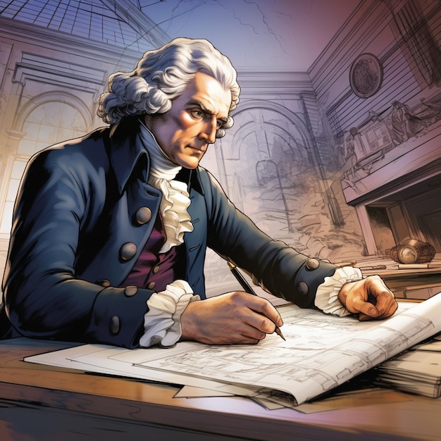 A cartoonstyled Thomas Jefferson is looking over blueprints for designing his home