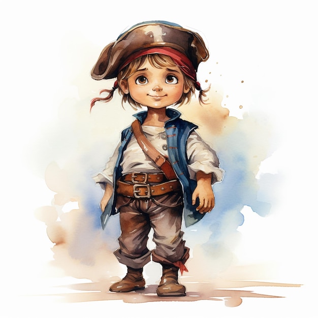 cartoontekening van een jongen gekleed in piratenkostuum met een hoed en vest generatieve ai