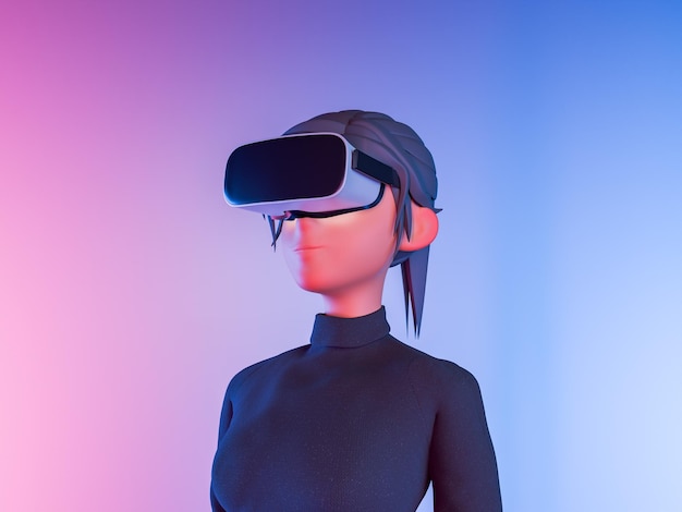 Cartoonvrouw ervaart virtuele realiteit met neon achtergrond