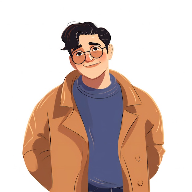 Photo cartoony flat plus size gen z guy in specs wearing yellow coat