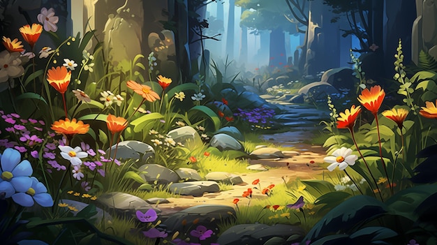 A cartoony forest with a path full of flowers and trees