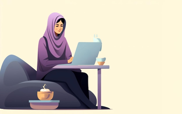 Cartoony illustration of a woman with hijab working from home