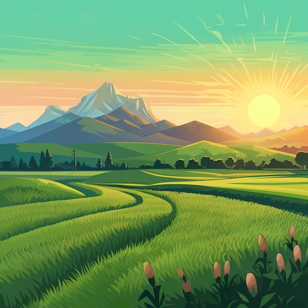 Premium Photo | A Cartoony Landscape of a Green Field and Mountains AI ...