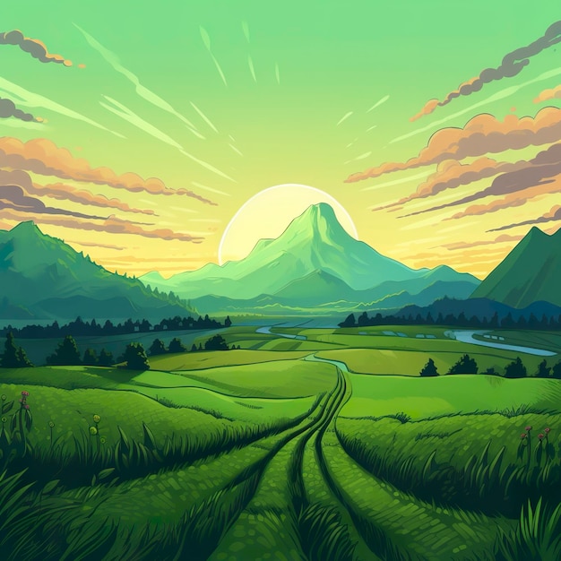 Photo a cartoony landscape of a green field and mountains ai generative