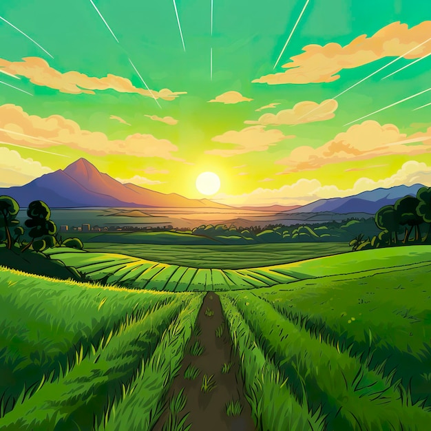 A Cartoony Landscape of a Green Field and Mountains AI Generative