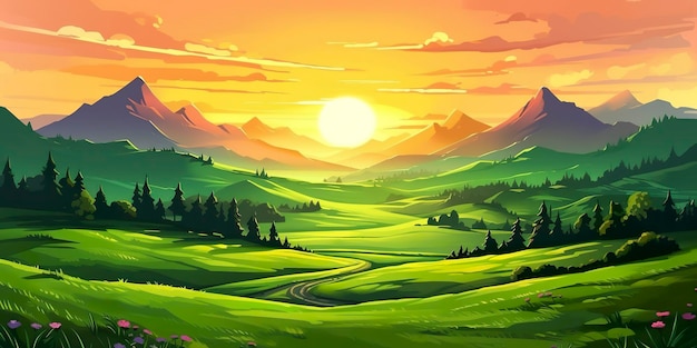 Photo a cartoony landscape of a green field and mountains ai generative