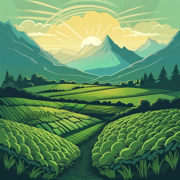 A cartoony landscape of a green field and mountains ai generative