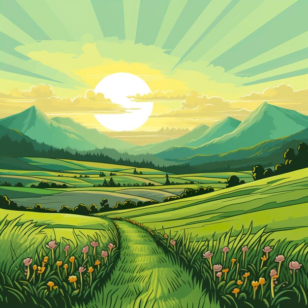 A Cartoony Landscape of a Green Field and Mountains AI Generative