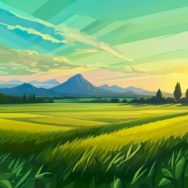 A Cartoony Landscape of a Green Field and Mountains AI Generative