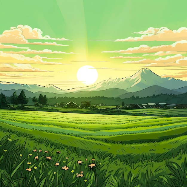 Карикатурный пейзаж зеленого поля и гор