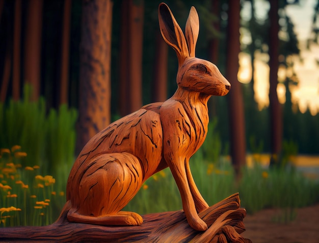 Carved brown wooden hare Sculpture in the park