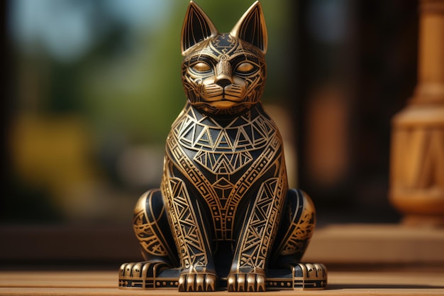 Photo a carved cat statue with a design on it