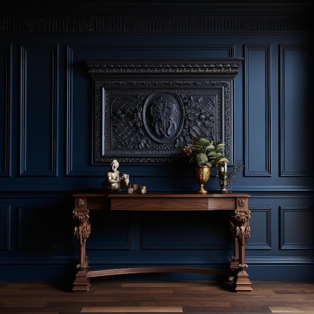 Carved console table against classic dark blue panel