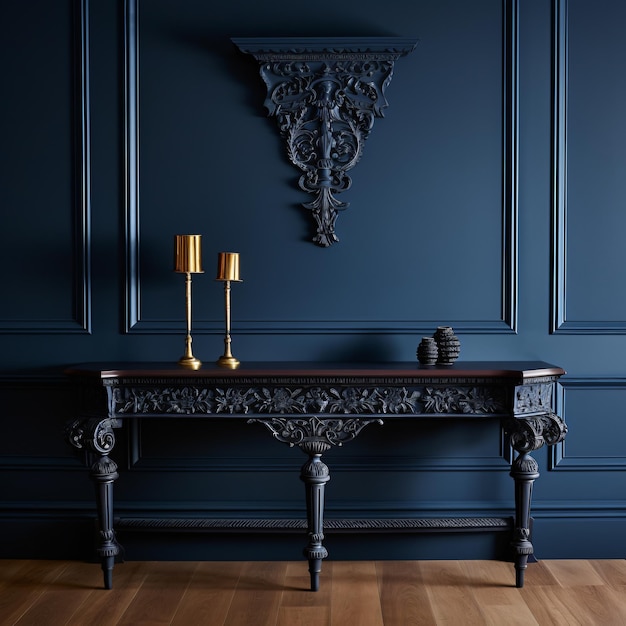 Carved console table against classic dark blue panel