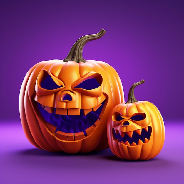 Carved Halloween pumpkins on isolated purple background