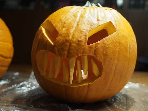 Carved jackolantern with an evil face