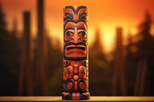 A carved Native American totem isolated on a sunset gradient background