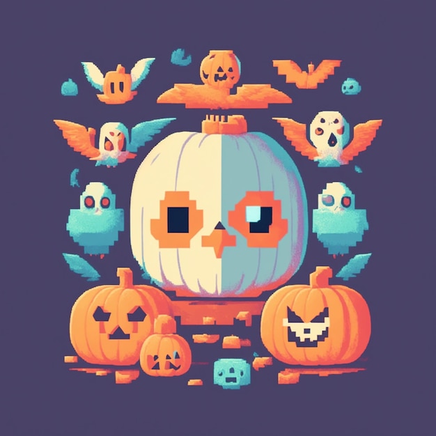 Carved pumpkin lantern owls and ghosts pixel art illustration