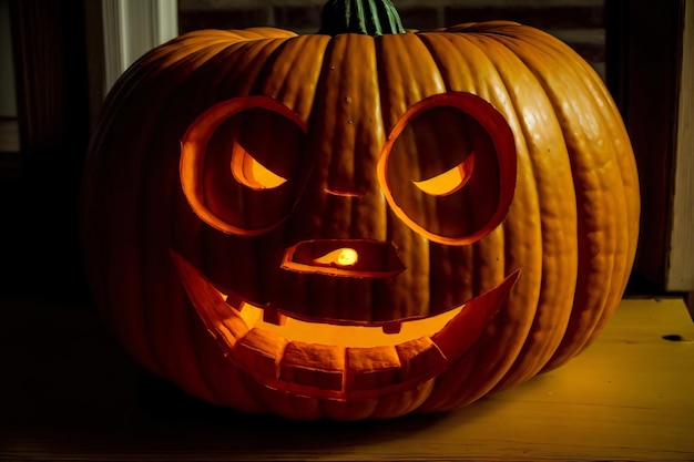 A Carved Pumpkin Sitting On Top Of A Table