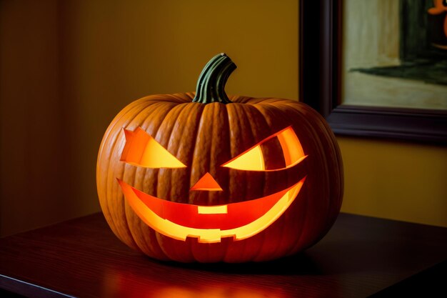 A Carved Pumpkin Sitting On Top Of A Table