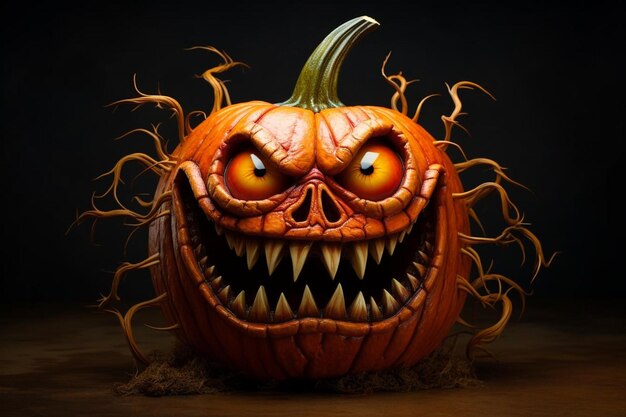 a carved pumpkin with a scary face on it