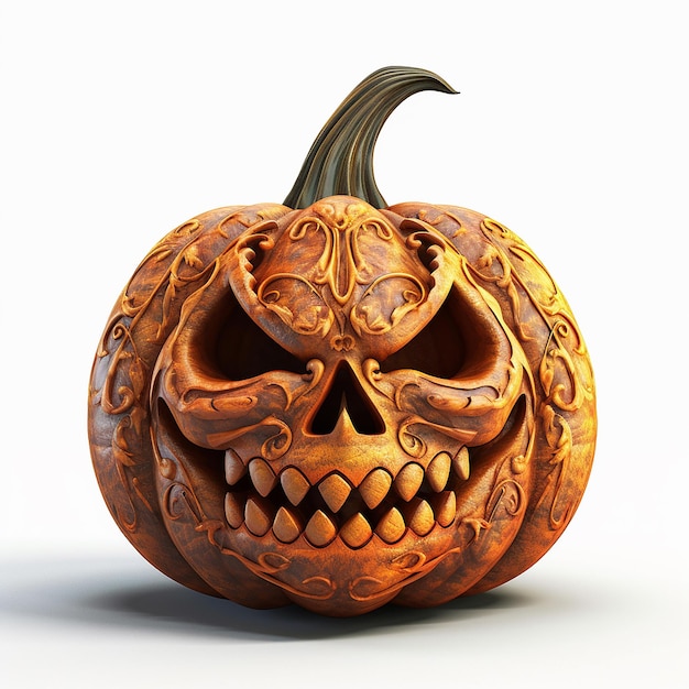 A carved pumpkin with a skull on it