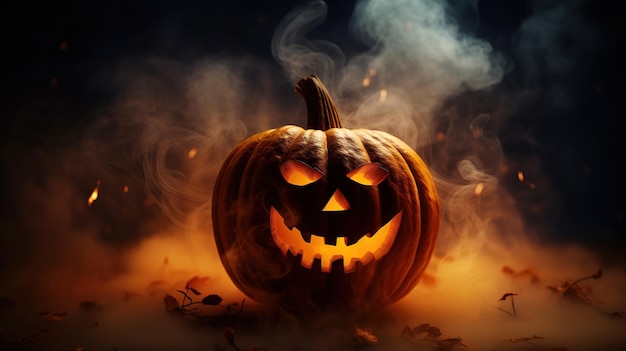 A carved pumpkin with smoke coming out of it