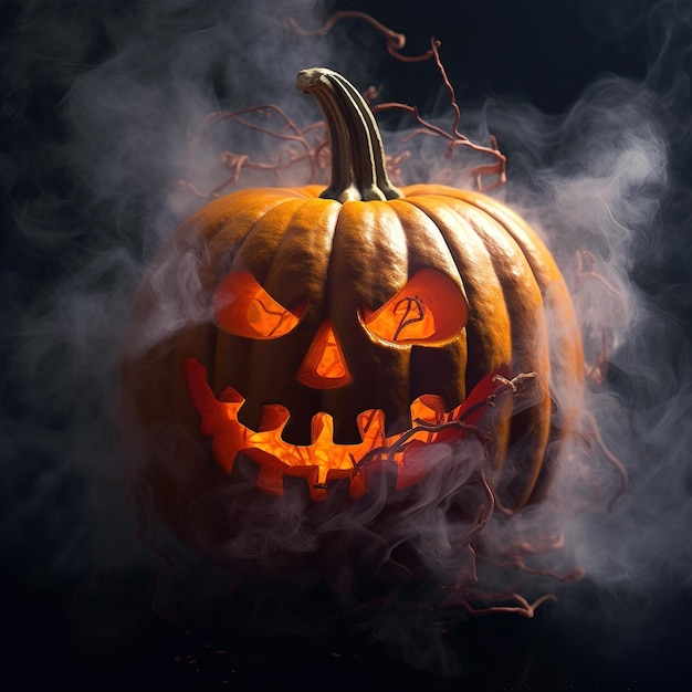 A carved pumpkin with smoke coming out of it