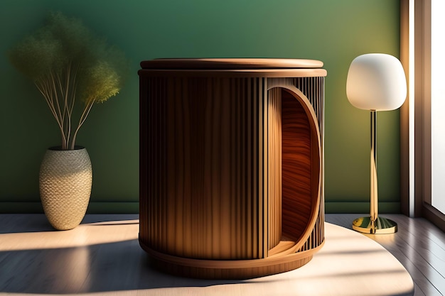 Carved teak round wooden podium with beautiful grain on sage green table counter in sunlight leaf s