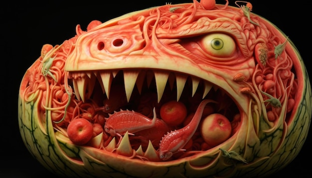 A carved watermelon with a monster face and teeth ai