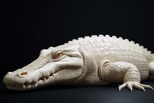 A carved white crocodile with a mouth and nose.