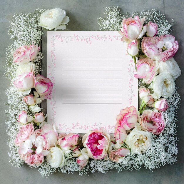 Foto cornice bianca intagliata decorata con bellissime peonie rosa su sfondo bianco piatto ly top view valenti