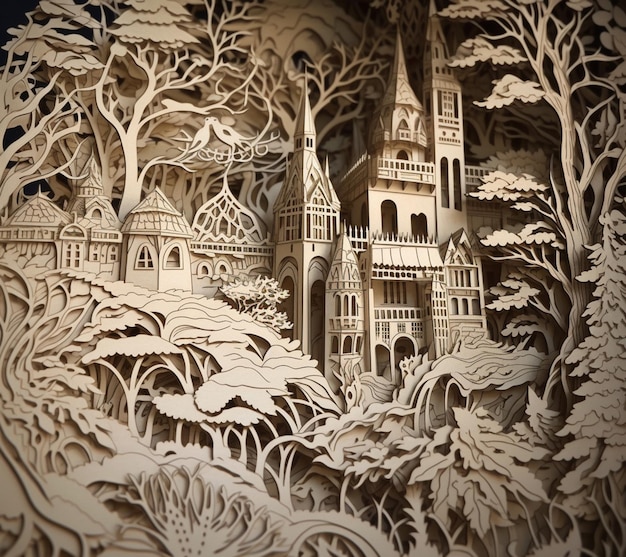 A carved wood carving of a castle with trees and a sky background.