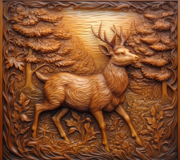 A carved wood carving of a deer