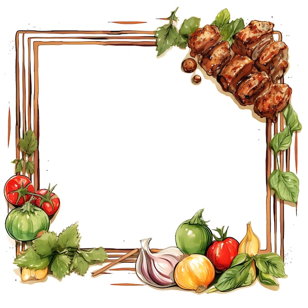 Carved Wood Frame With Lamb Kebabs Grilled Vegetables and Mi watercolor Nowruz Iran Festival Frame