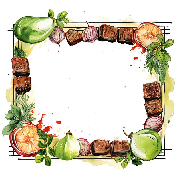 Carved Wood Frame With Lamb Kebabs Grilled Vegetables and Mi watercolor Nowruz Iran Festival Frame