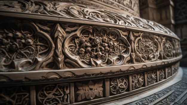 A carved wooden column with a flower design on it