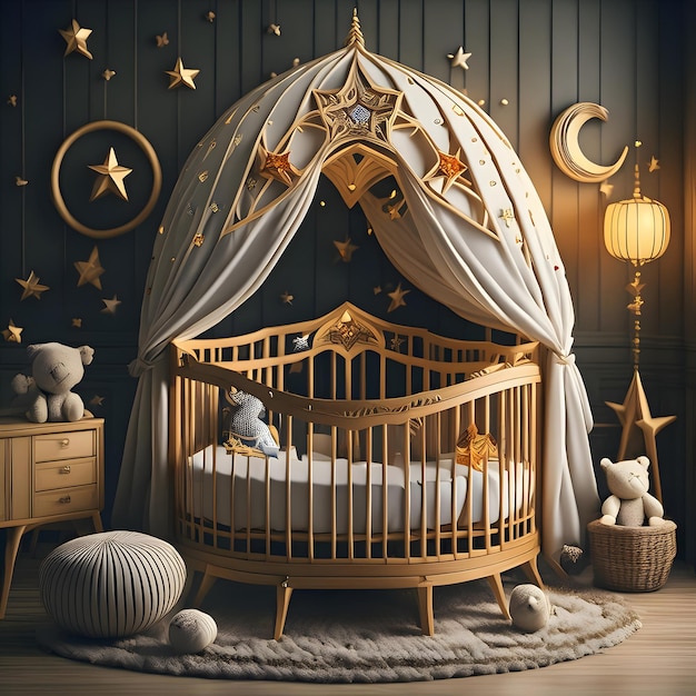 Photo a carved wooden crib with star and moon motifs