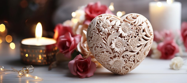 Carved wooden heart with white roses and candles on wooden background copy spaceGenerative AI