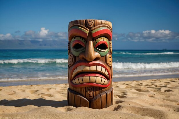 Photo carved wooden tiki statue against lush foliage