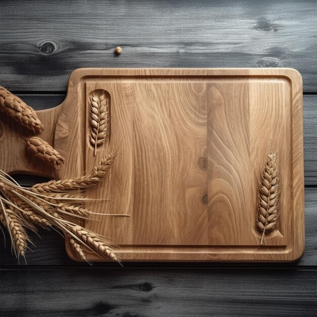 Photo carving board wheat ears on vintage wooden surface