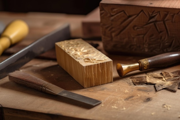 Carving knife mallet and chisel on wooden block created with generative ai