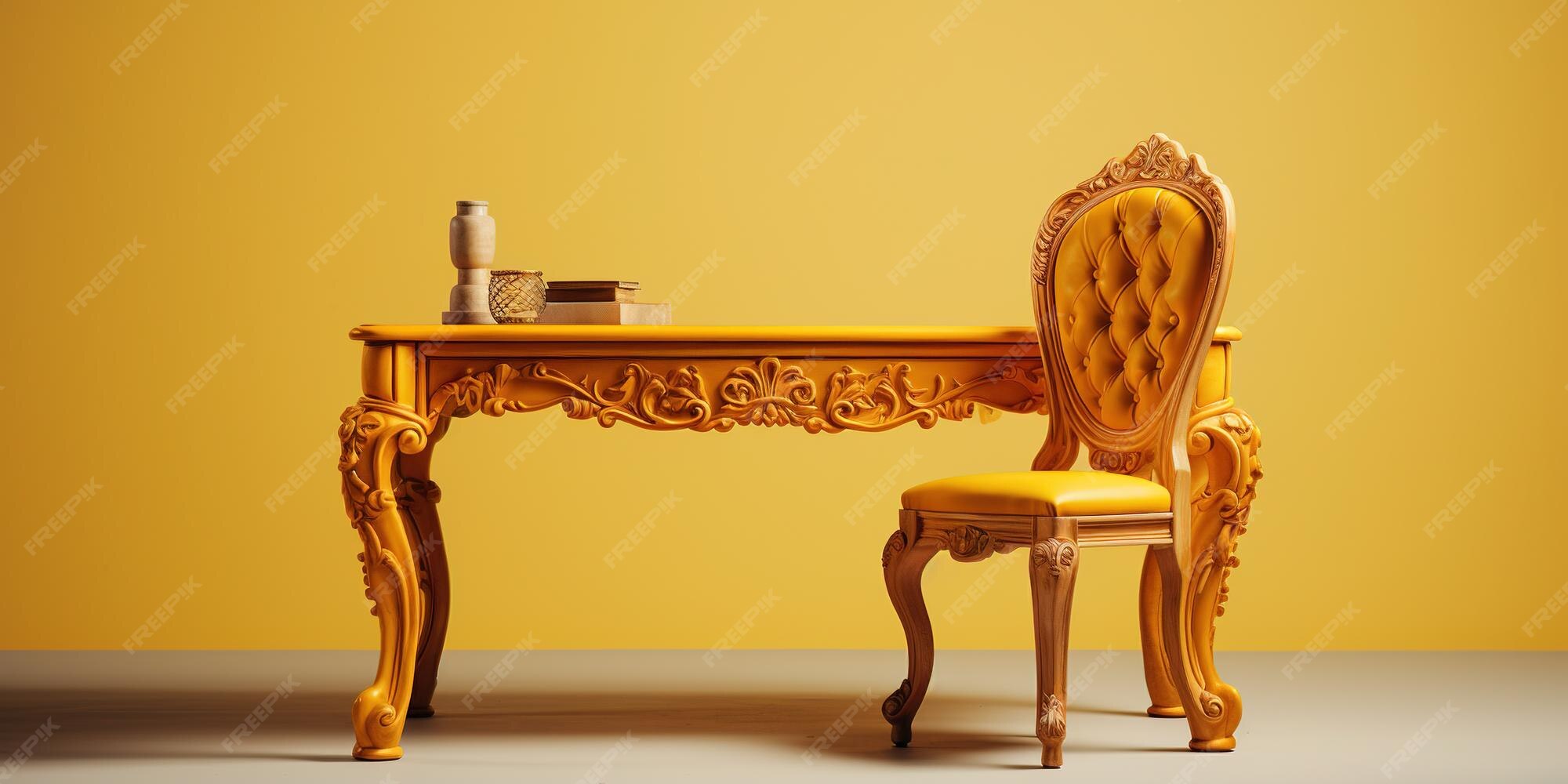 Premium AI Image Carving Study Table With Chair Background Yelow Color premium-ai-image-carving-study-table-with-chair-background-yelow-color