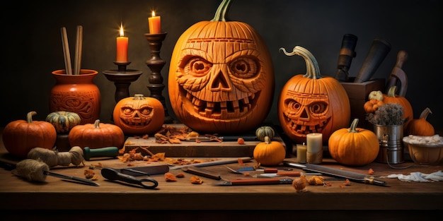 carving tools and accessories for scary pumpkin creations Created with generative AI technology