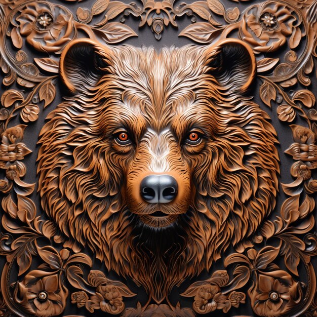 Photo carvings of a bear head on a wooden panel with flowers generative ai