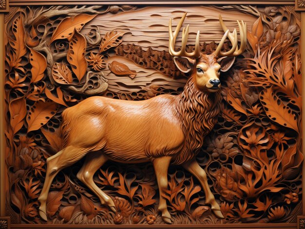 Photo carvings of a deer in a wood frame with leaves and flowers generative ai