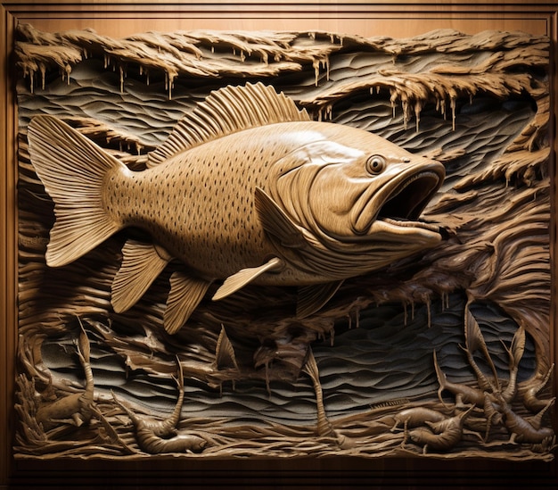 壁の木枠に魚の彫刻が施された生成ai